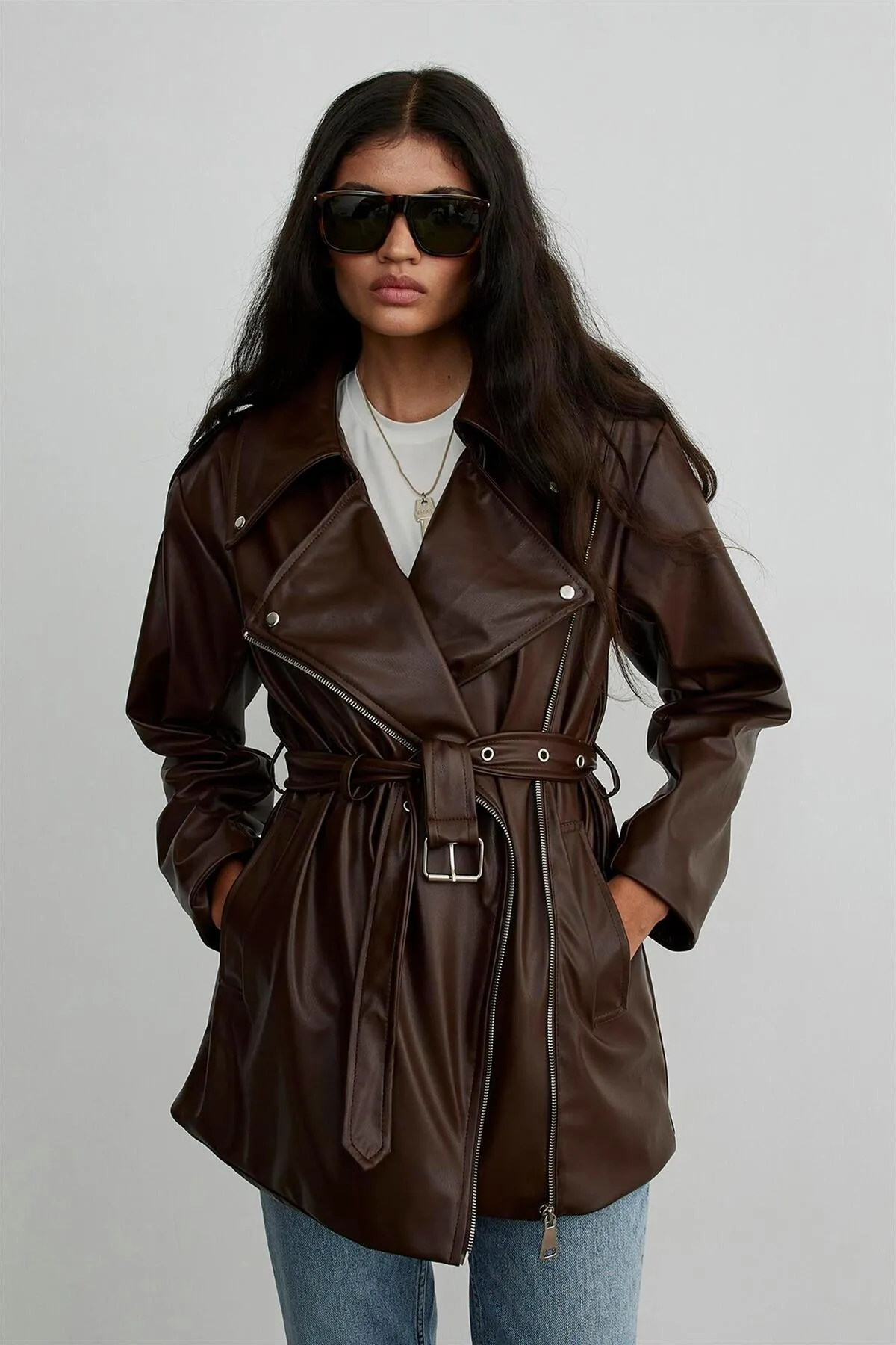 Suud Collection  Brauner Biker-Trenchcoat aus Leder