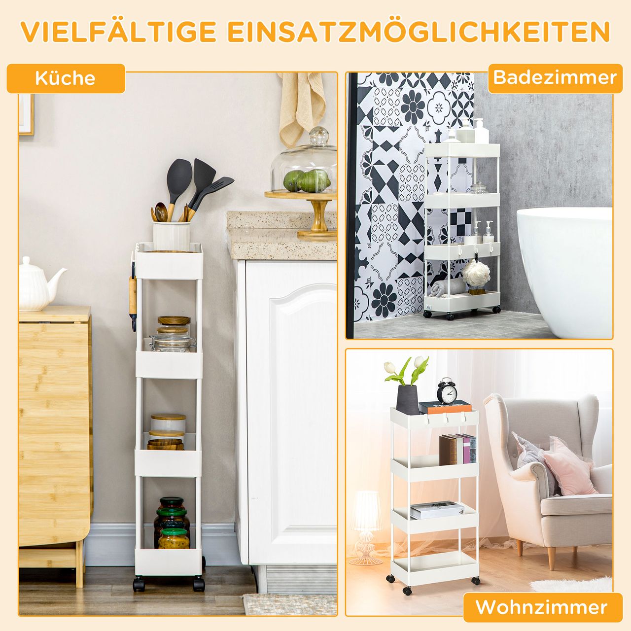 HOMCOM Rollwagen, Küchenregal mit 4 Ebenen, Küchenwagen mit Rollen, Servierwagen