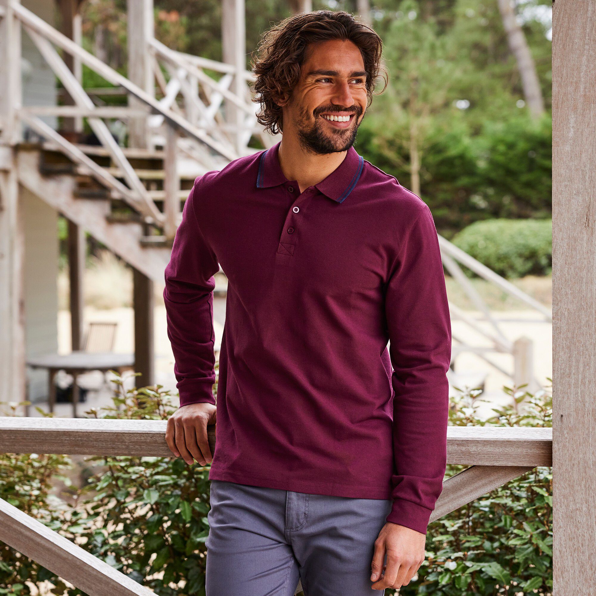 Polo uni maille piquée manches longues