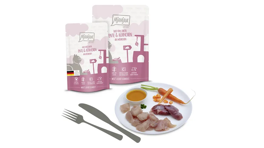 MjAMjAM Katzennassfutter Quetschie Duo von zarter Ente & Hühnchen an Möhrchen 125 g