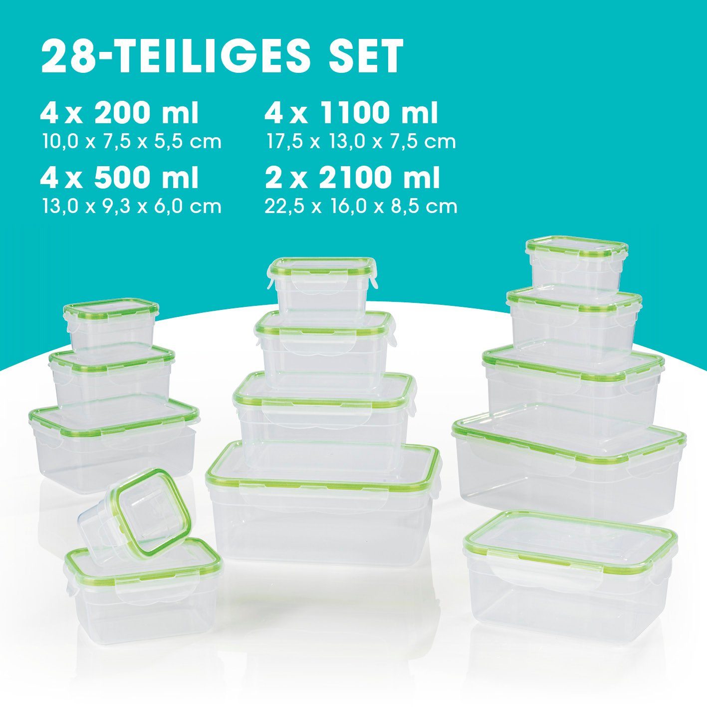 GOURMETmaxx Frischhaltedose Lunchbox tropfsicher, einfrieren, aufbewahren, (14er Set, 28-tlg), 4x 200ml; 4x 500ml; 4x 1100ml; 2x 2100ml