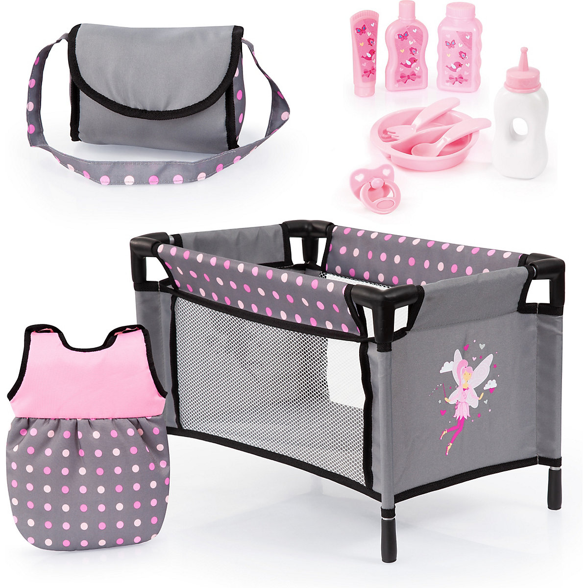Puppen-Zubehör Set, grau - Puppenbett, Wickeltasche, Schlafsack, Fütterset