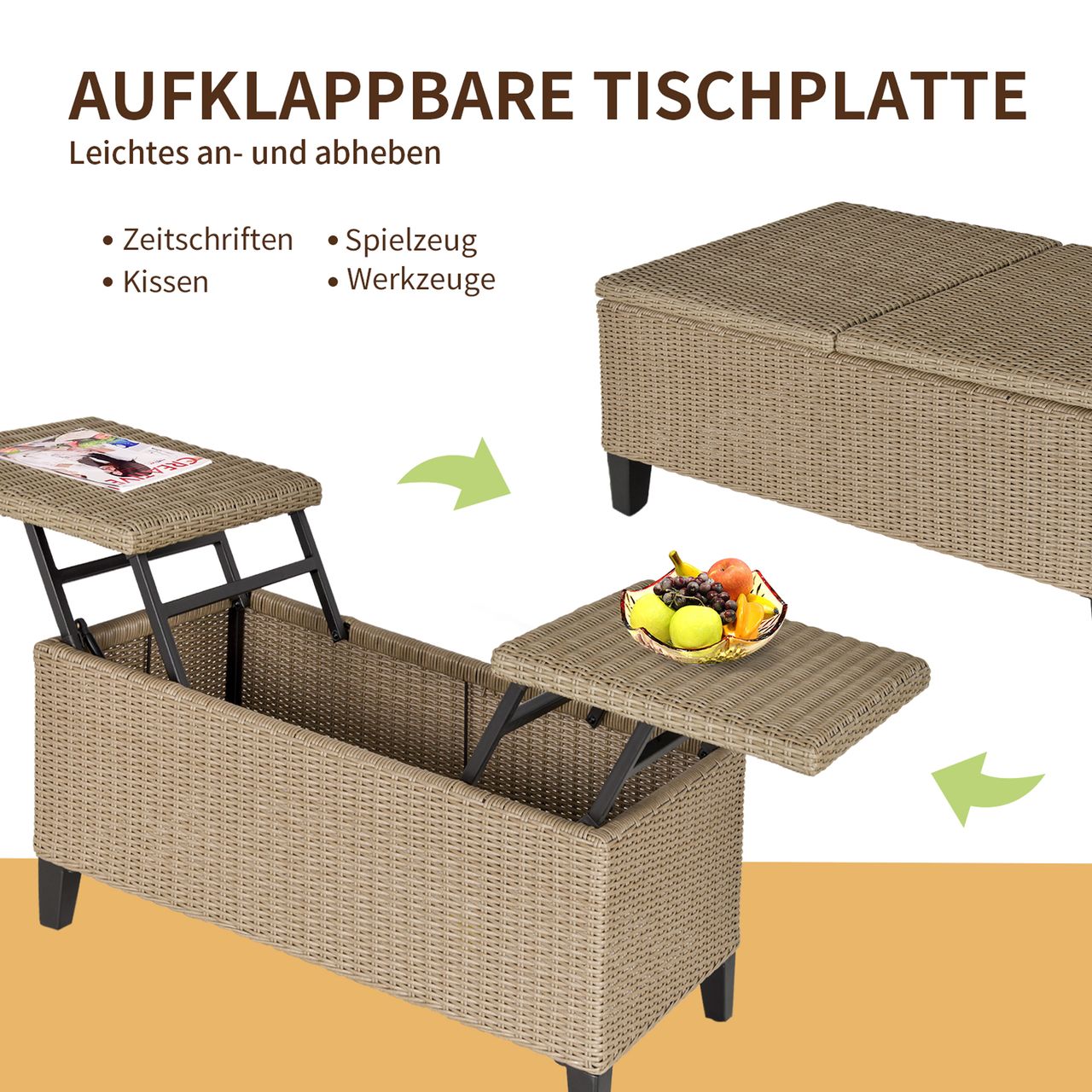 Outsunny Polyrattan Garten Balkontisch ausziehbar Stahl Khaki 103 x 50 x 45,5 cm