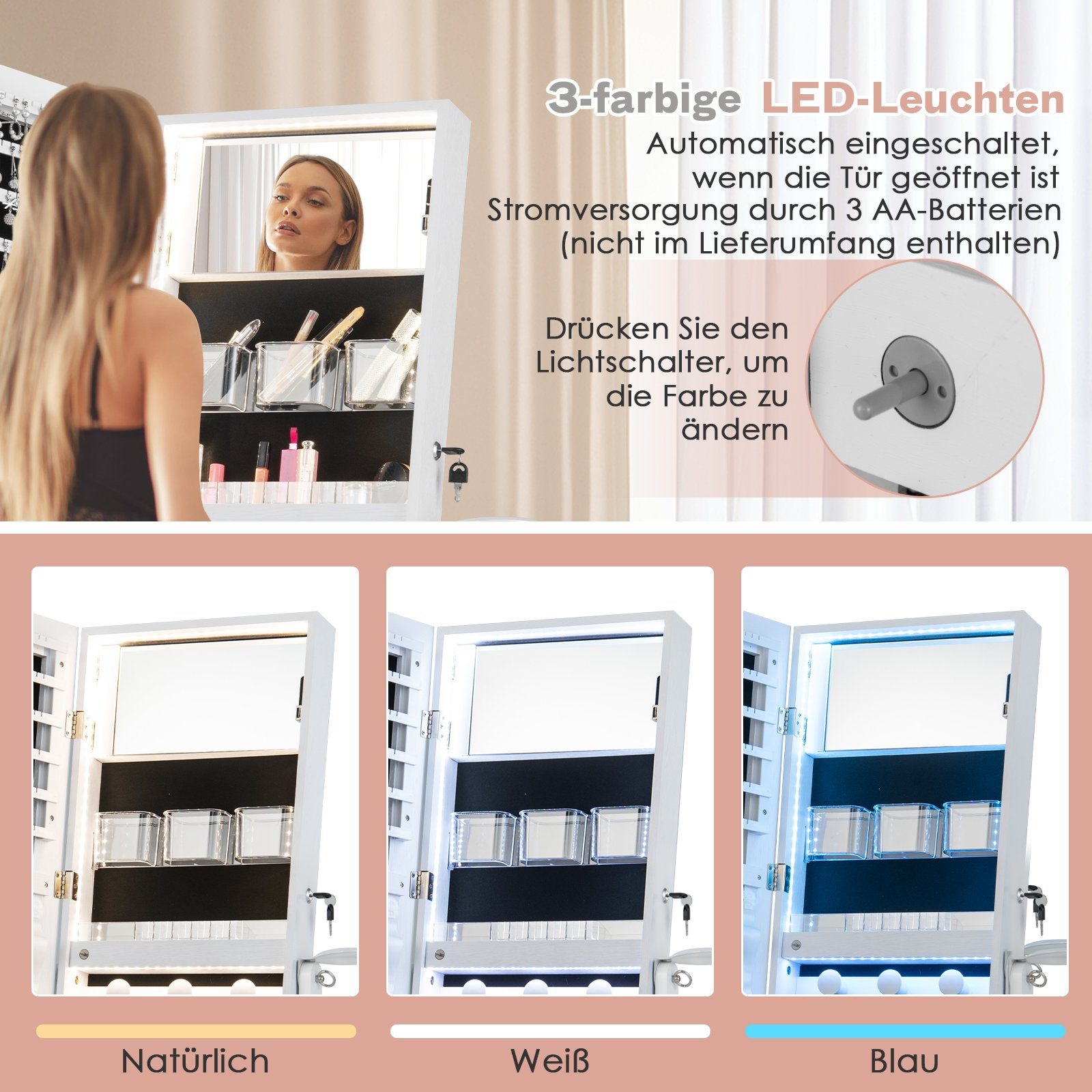 COSTWAY Schmuckschrank stehend, mit Spiegel & LED, abschließbar, weiß, 156 cm