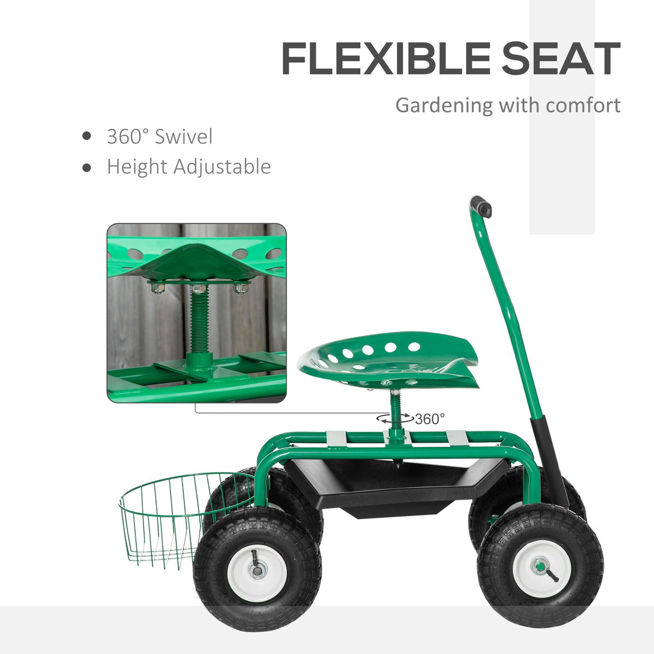 Outsunny Gartenwagen mit Rollsitz bis 150 kg steuerbar Sitzhöhe 46-59 cm Metall Gummi Grün