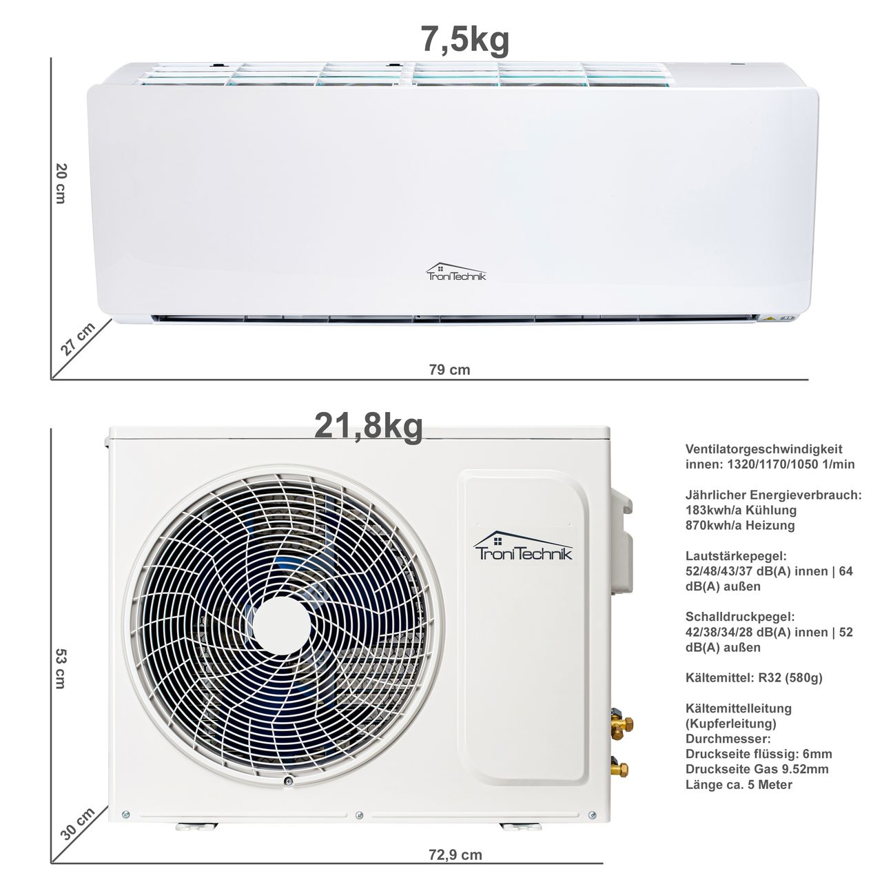 TroniTechnik TroniTechnik Reykir Split Klimagerät Klimaanlage mit 12000 BTU, inkl. ZBH und Reinigung