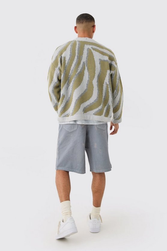 Kastiger Oversize Jacquard-Cardigan mit abstraktem Print
