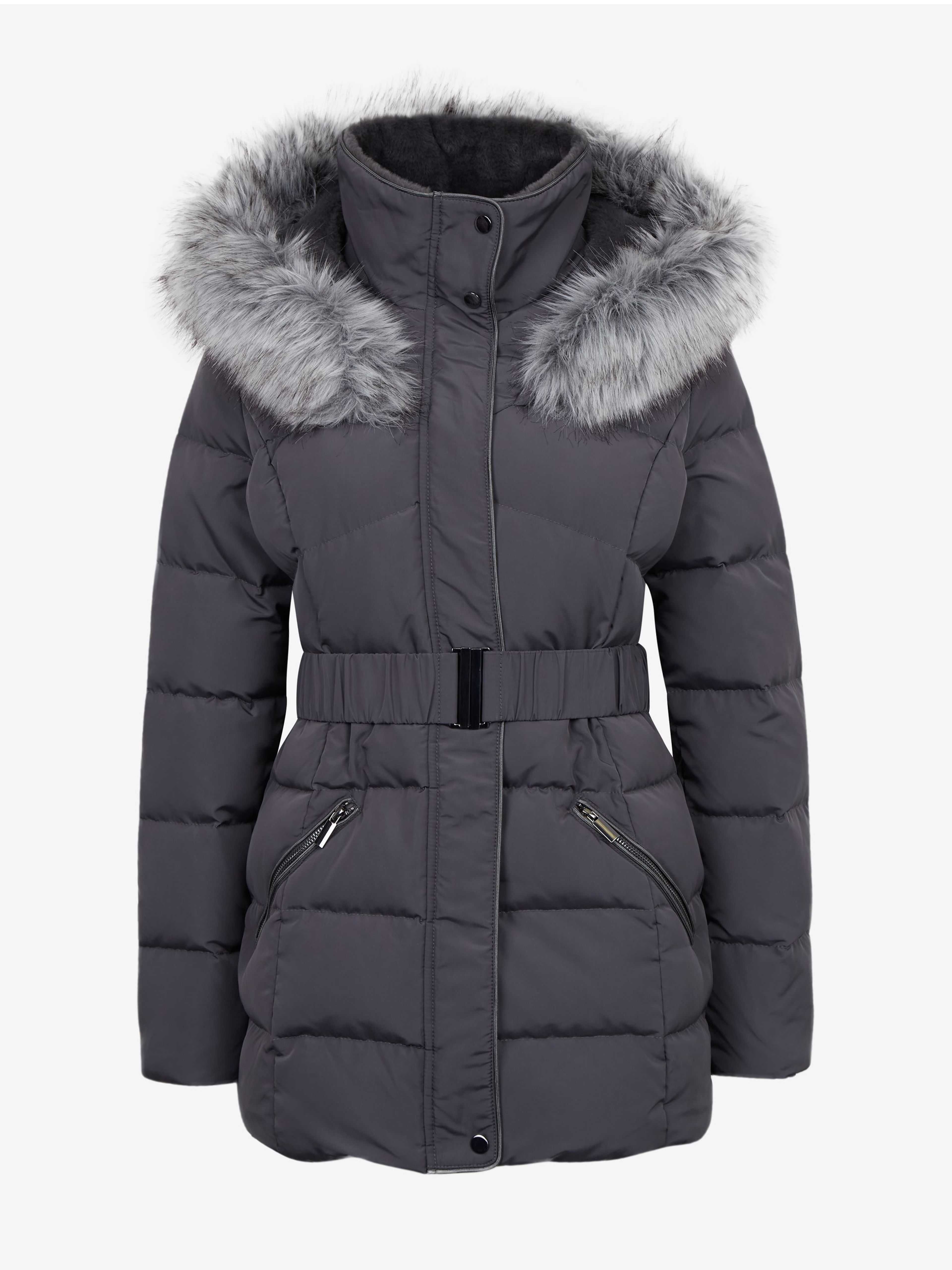 Dunkelgraue Damen-Winter-Steppjacke mit Gürtel ORSAY