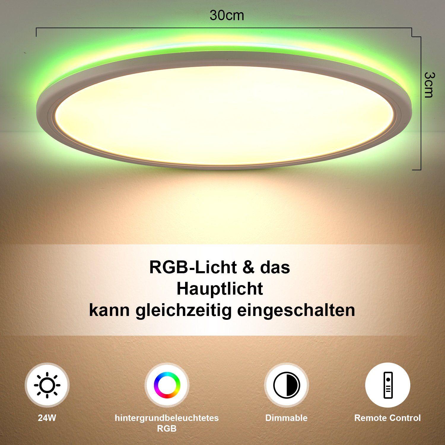iscooter LED Deckenleuchte Ultra Dünn LED Deckenlampe, 24W RGB Backlight Deckenlampe Flach Rund, LED fest integriert, warmweiß, neutralweiß, kaltweiß, RGB, Dimmbar mit Fernbedienung, für Schlafzimmer/Wohnzimmer/Badezimmer/Küche