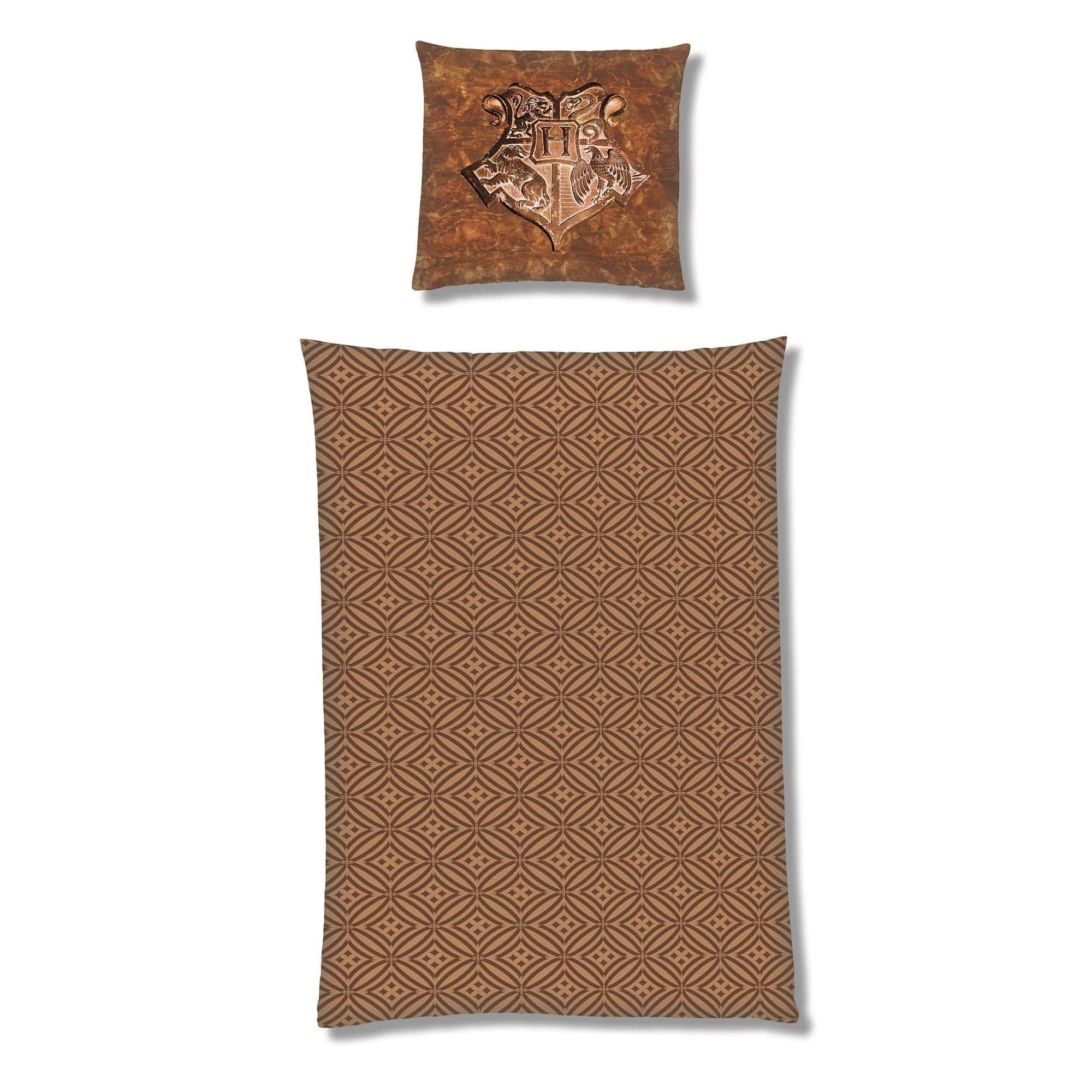 Kinderbettwäsche Harry Potter 135x200 80x80 cm, extra flauschig mit Reißverschluss, Familando, Fleece, 2 teilig, mit Hogwarts Wappen auf Kopfkissen und Wendeseite