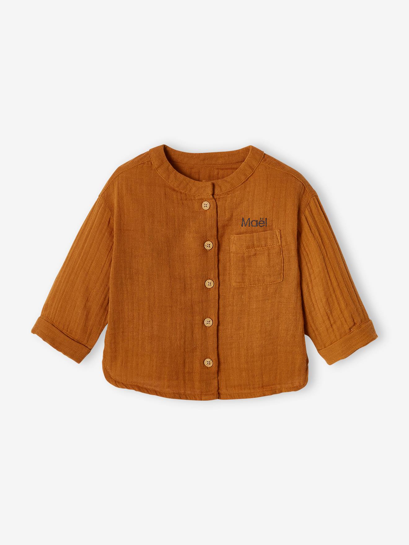 Chemise col mao bébé en gaze de coton personnalisable caramel
