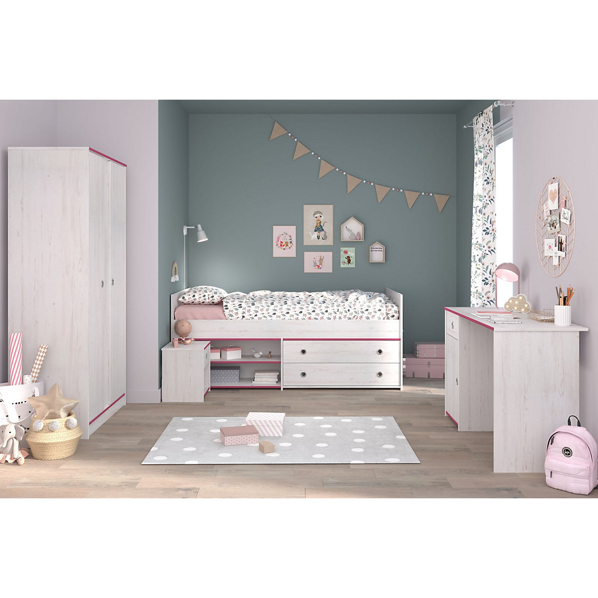 Kinderzimmer Smoozy 26 mit Bett, Nachtkommode, Schreibtisch und Kleiderschrank