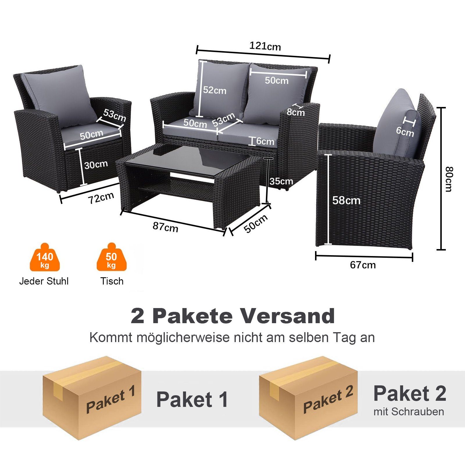 MeXo von GLP HOME Balkonset Balkongarnitur Gartenmöbel Set Polyrattan Wetterfest für 3-4 Personen, (Balkongarnitur Kleiner Balkon Sitzgruppe, Balkonset, Sitzgarnitur mit Kissen), Gartengarnitur für Lounge Klein Terrasse Garten Indoor Outdoor