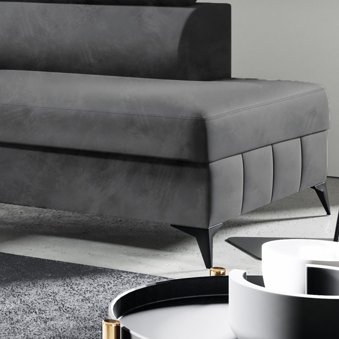 Möbel Punkt Wohnlandschaft Ecksofa Livorno Samt Grau Anthrazit mit Bettkasten Kopfteilverstellung Ottomane rechts