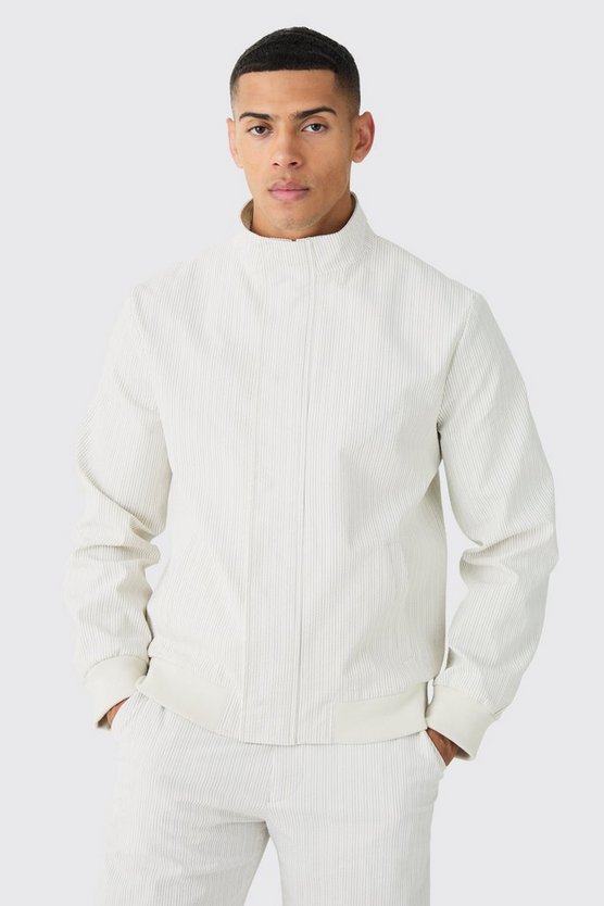 Smarte gestreifte Seersucker-Jacke mit Trichterkragen