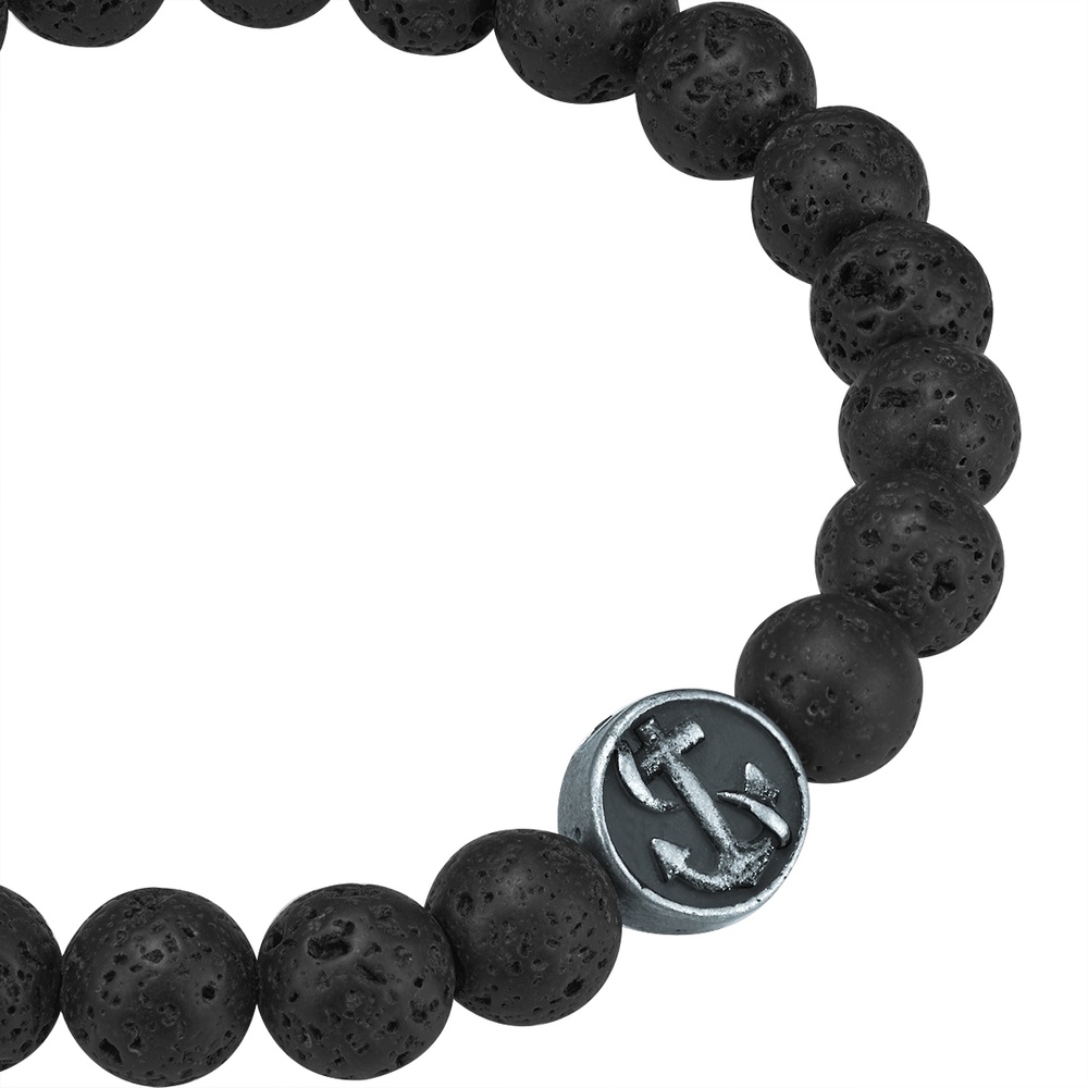 True Rebels Bracelet en pierres précieuses Ancre Acier inoxydable Pierre de lave Noir Bracelet