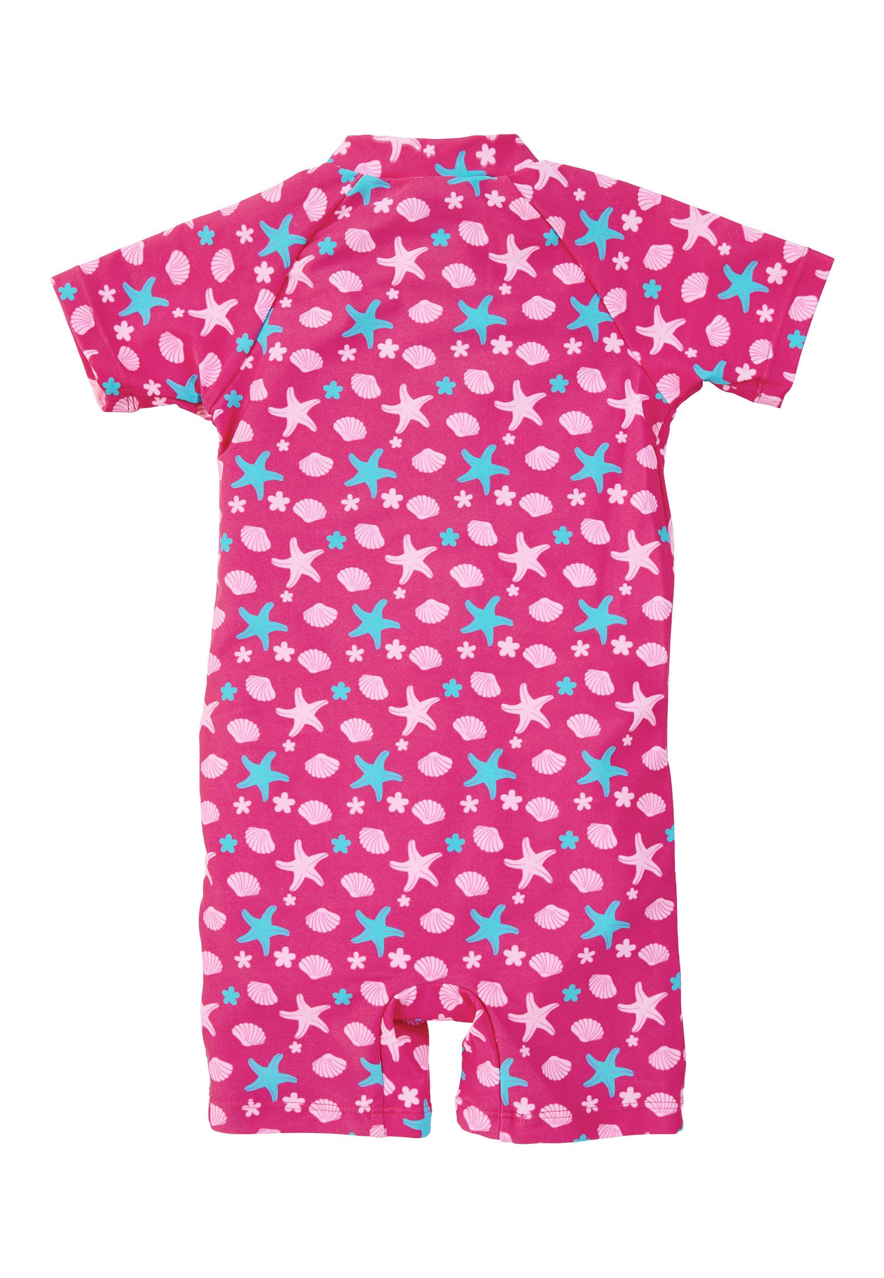 Sterntaler® Badeanzug Schwimmanzug Seesterne Kinderbadeanzug - Schwimmanzug in Magenta mit Muscheln und Seesternen - Baby Badebekleidung Kurzarm mit UV-Schutz 50+ Badeoverall Baby Mädchen mit Windeleinsatz bis Größe 86/92 und Frontzipper