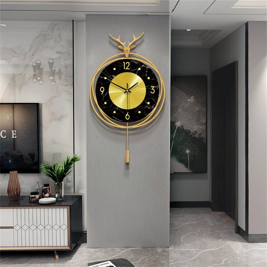 DÖRÖY Wanduhr 50CM Hirschkopf Wanduhr für Wohnzimmer,moderne kreative stumme Wanduhr