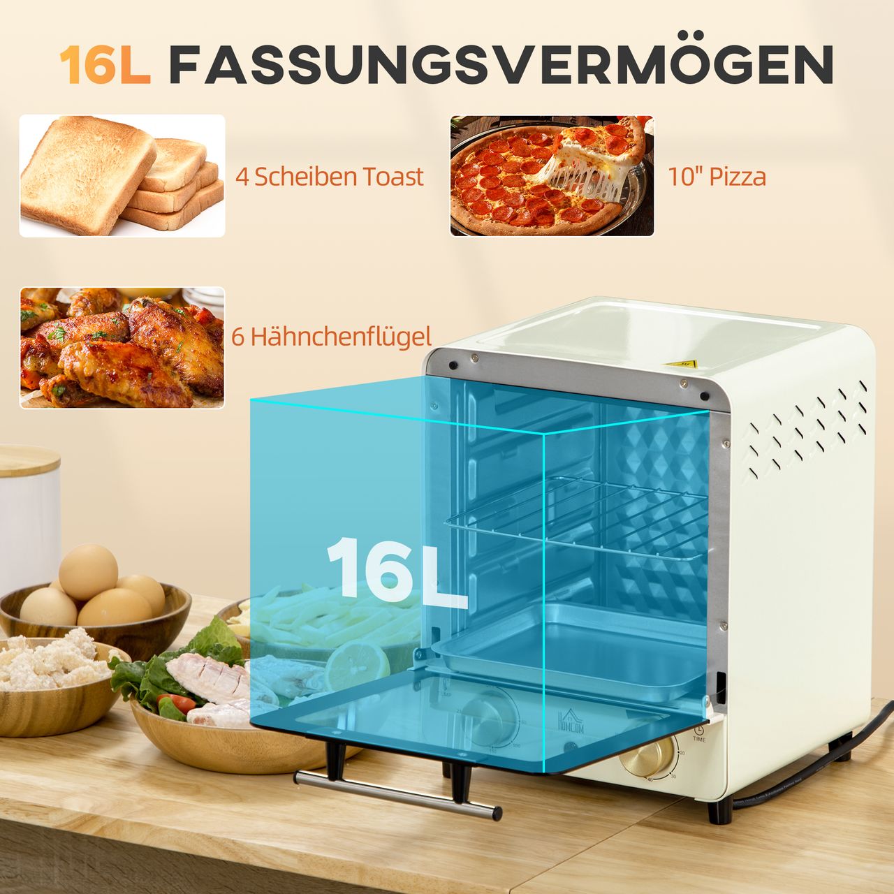 HOMCOM 15L Minibackofen mit Umluft, 1000 W Pizza-Ofen mit Timer, 60-230, Creme