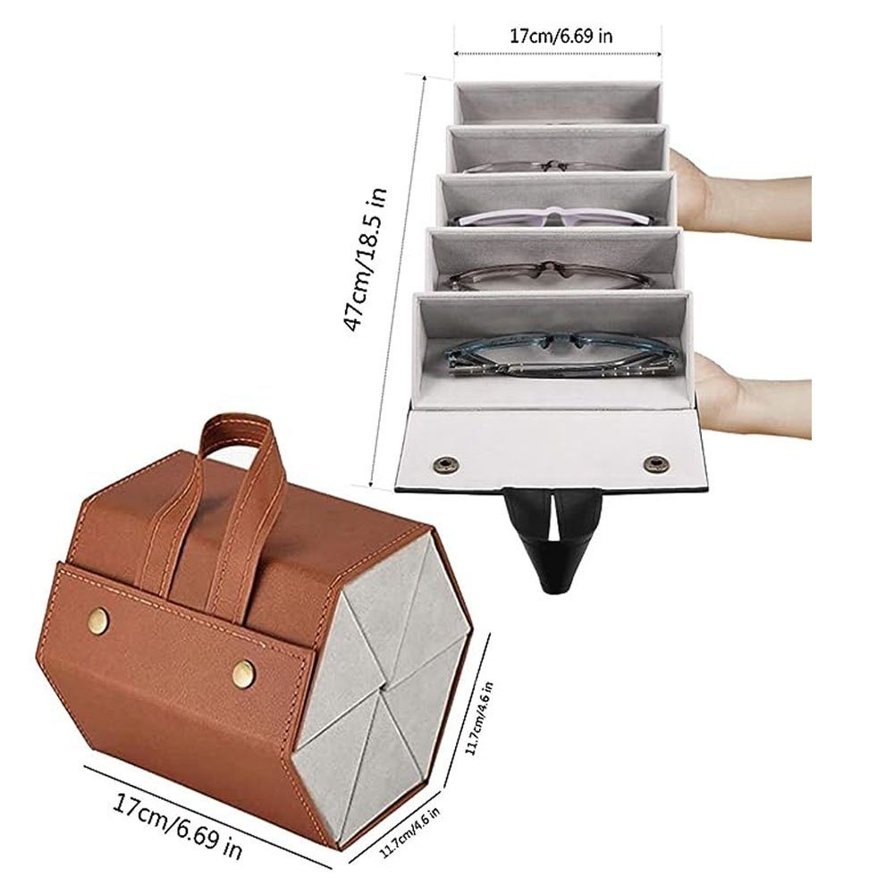Sarfly Brillenetui Sonnenbrillen Aufbewahrungsbox 5 Fächer Sonnenbrillen Reise Organizer, PU Faltbare Brille Displaybox Tragbar Brillenbox