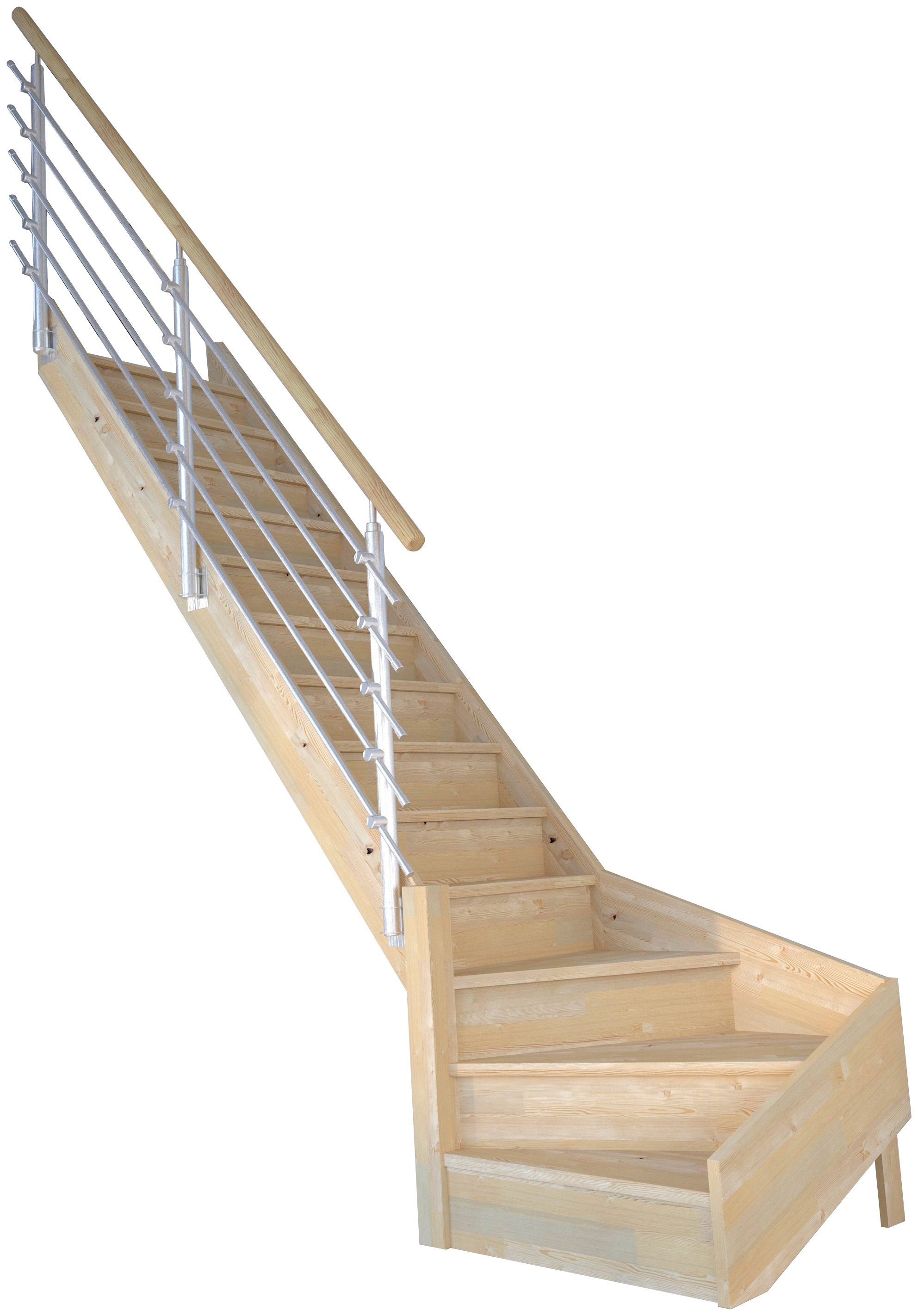 Starwood Raumspartreppe Massivholz Korfu, mit Design-Geländer Edelstahl, für Geschosshöhen bis 300 cm, Stufen geschlossen, gewendelt Links, Durchgehende Wangenteile