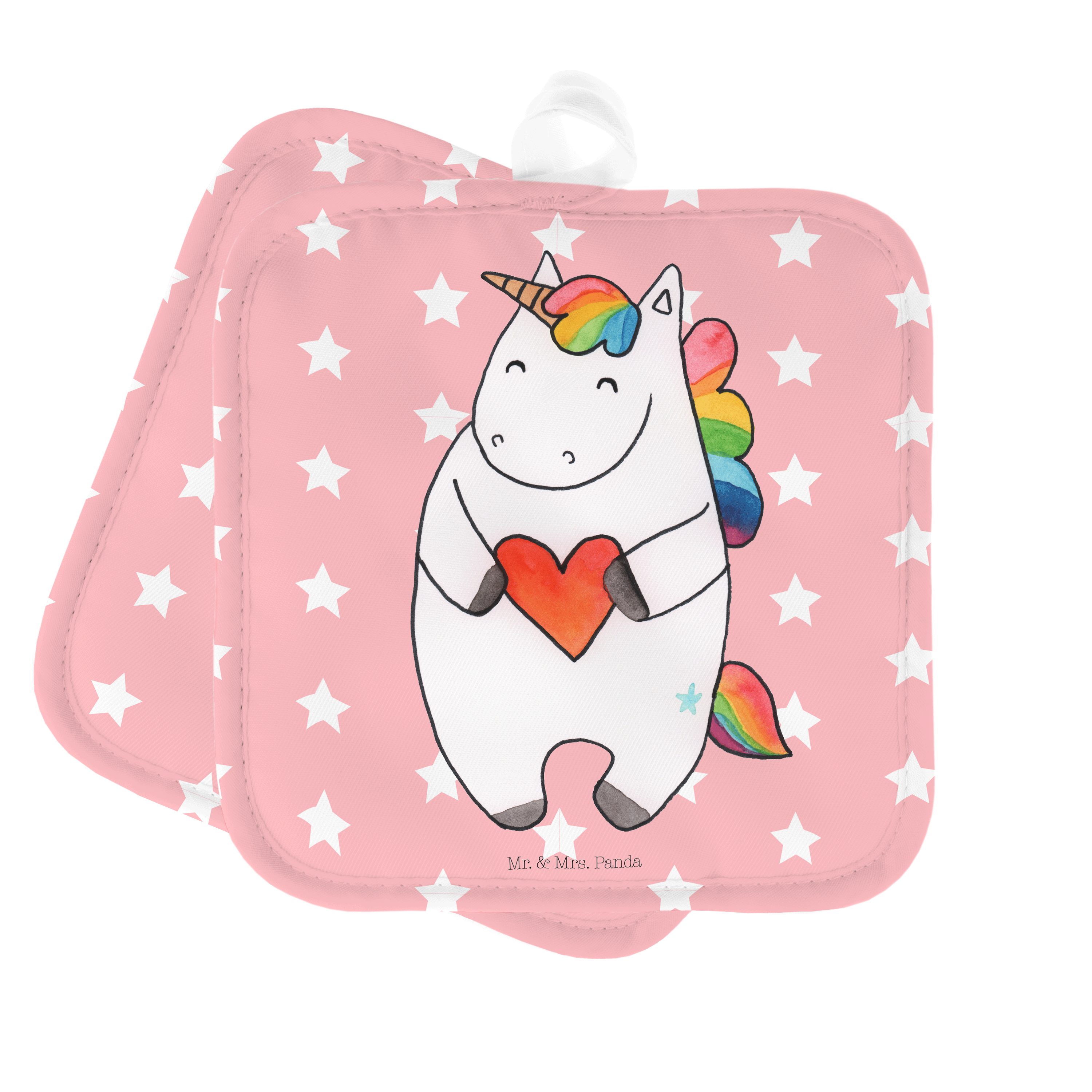 Mr. & Mrs. Panda Topflappen Einhorn Herz - Rot Pastell - Geschenk, Pegasus, Topflappen, Topflappe, (1-tlg)