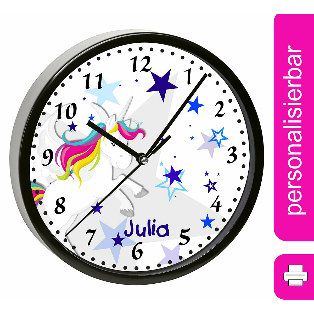 Kinder Wanduhr personalisiert mit Name Pegasus Sterne Blau