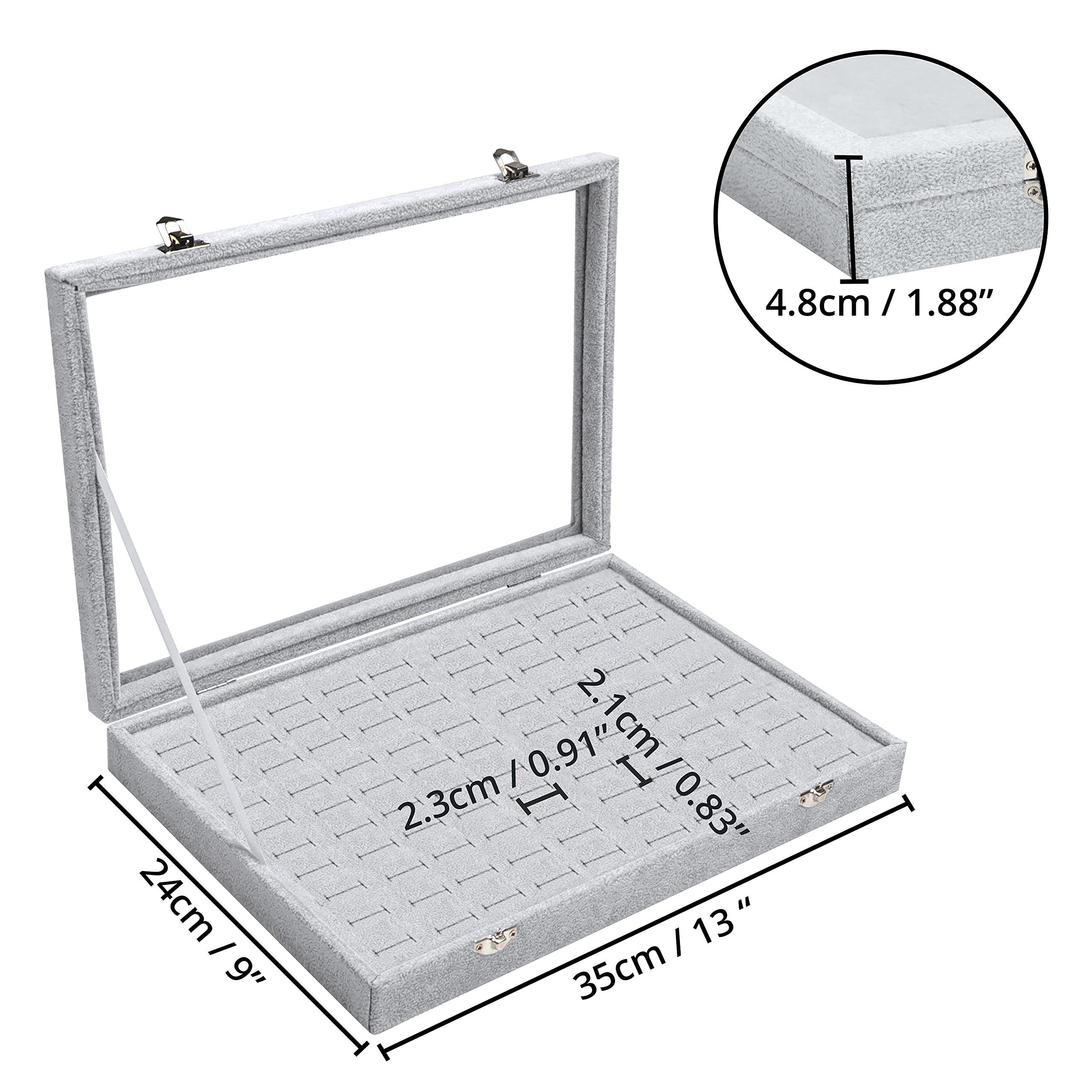 Belle Vous Schmuckständer Graue Schmuckaufbewahrungsbox: Ringbox mit 100 Fächern & Glasdeckel, Jewelry Storage Box: Gray Ring Box with 100 Compartments & Glass Lid
