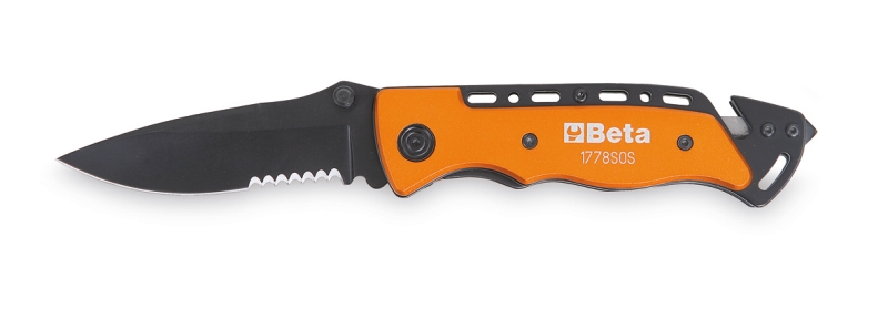 Beta 017780080 1778SOS Klappmesser mit Scheibenbrecher und Gurtschneider. In Scheide.