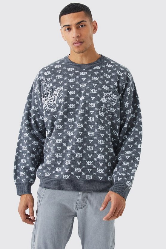Oversize Strick-Pullover mit Print