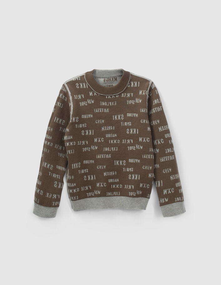 Pull réversible gris et kaki jacquard typo garçon