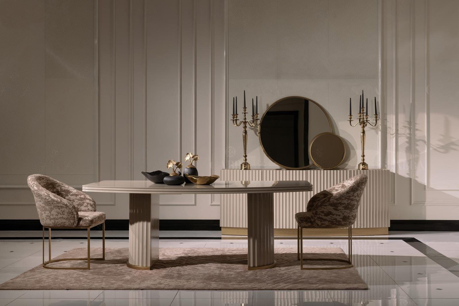 JVmoebel Esszimmer-Set Essgruppe Essecke Esstisch Stühle Set 9tlg Esszimmer Beige Holz Luxus, (9-St., 1x Esstisch+6x Stühle+1x Sideboard+1x Spiegel), Made in Europa