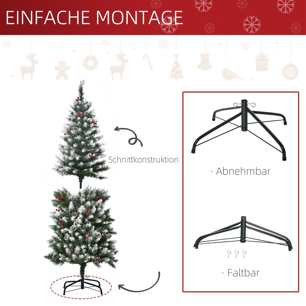 HOMCOM Weihnachtsbaum 1,5 m Christbaum Tannenbaum mit 25 roten Beeren Tannenzapfen LED-Lichter Kunsttanne 408 Zweige PVC Stahl Grün Weiß Ø53 x 150 cm