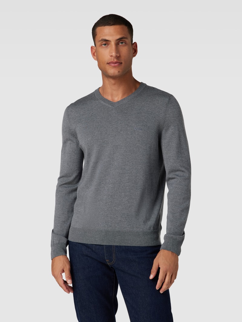 Strickpullover mit geripptem V-Ausschnitt Modell 'Baram' in anthrazit