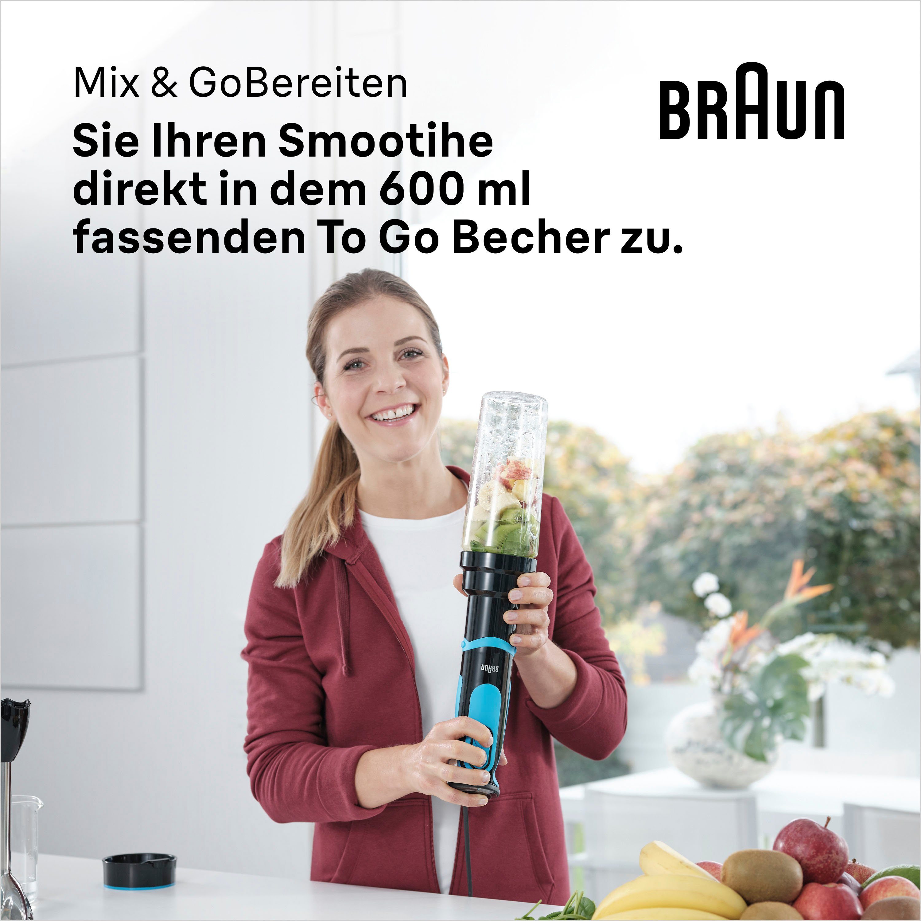 Braun Stabmixer MQ 5252 BKBL MultiQuick 5 Vario, 1000 W, mit Smoothie2Go Funktion und EasyClick System, Schwarz/Blau