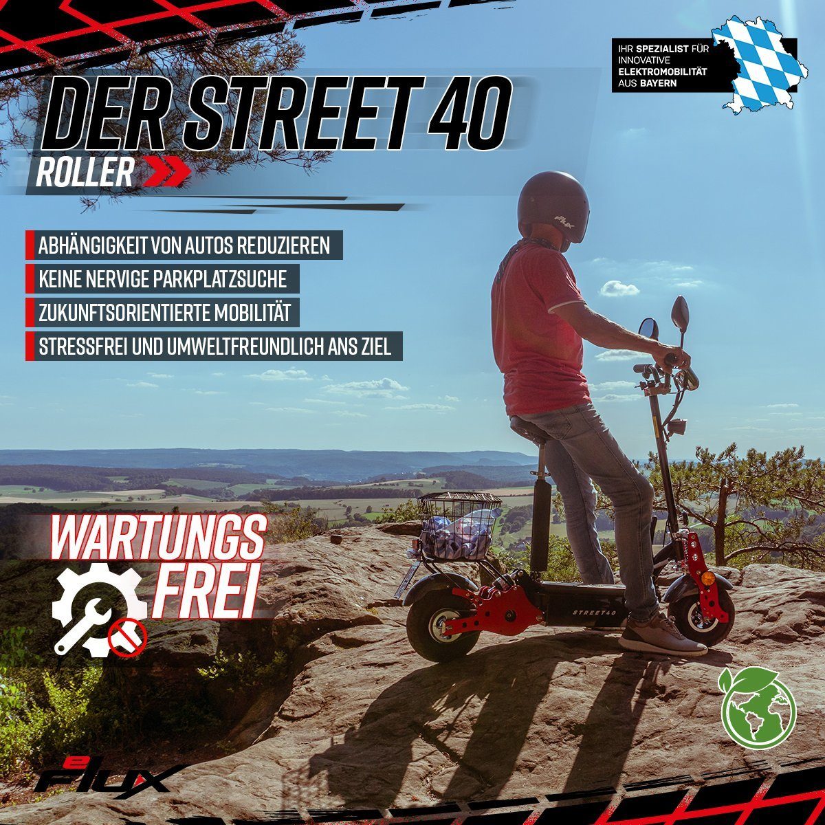 eFlux E-Scooter Street 40 Elektro Roller mit Straßenzulassung klappbar, 800,00 W, 35 km/h, (1 tlg), Scooter - bis 30 km Reichweite - Gepäckkorb - 36 Volt 12 Ah Akku