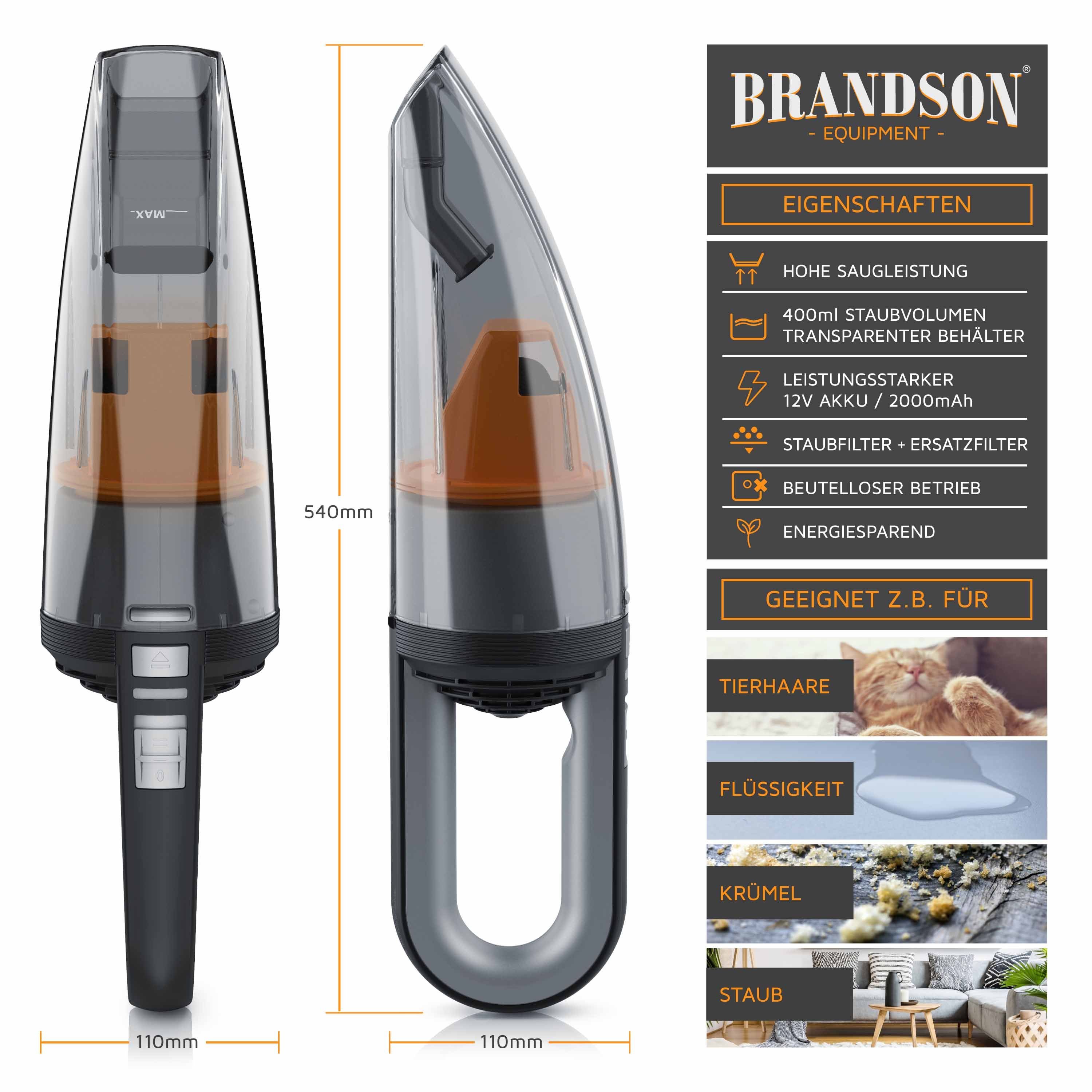 Brandson Akku-Handstaubsauger, 70 W, beutellos, Akkustaubsauger Nass & Trocken / 400 ml & 120 ml Kapazität