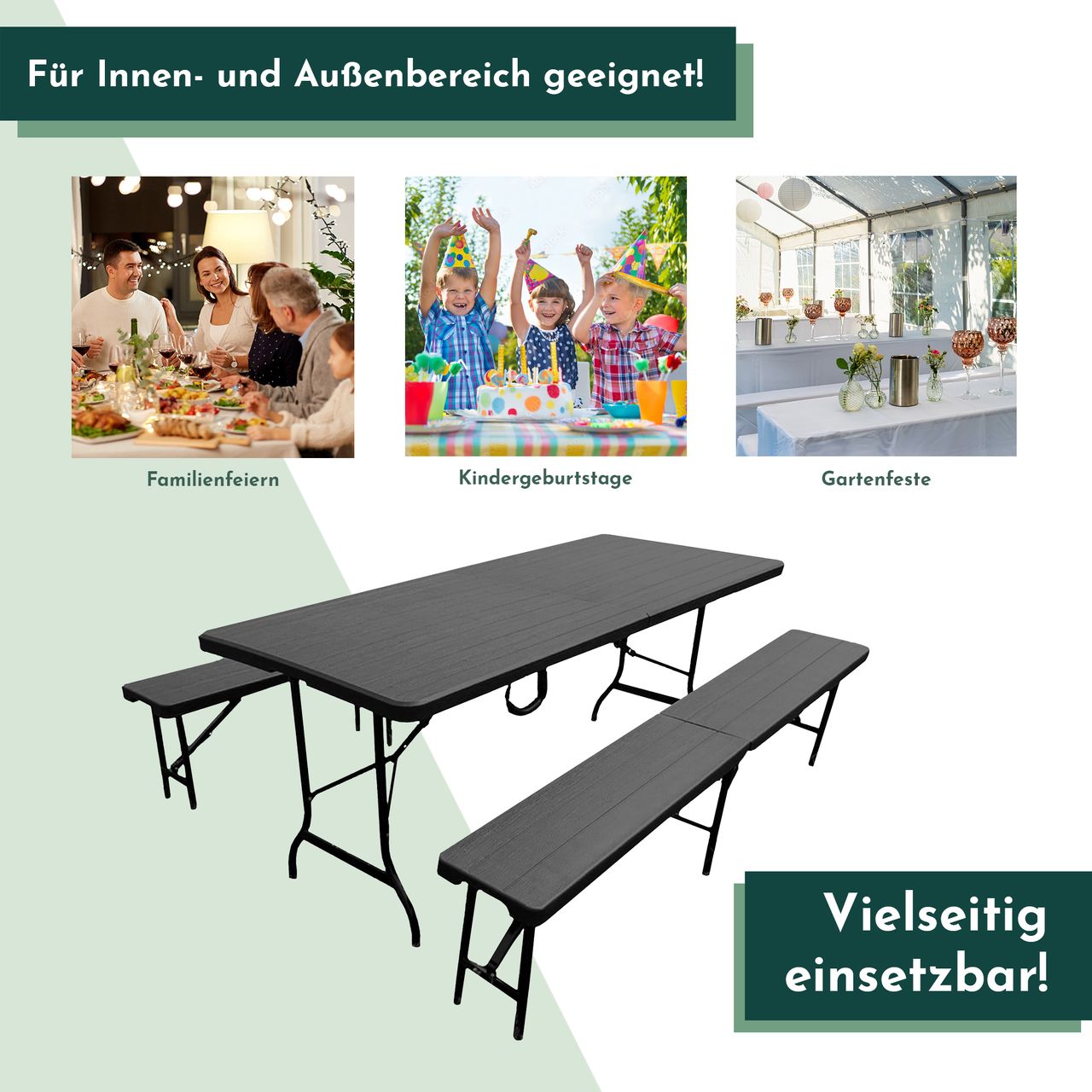 Lemodo Bierzeltgarnitur Set mit 2x Bierbank und 1x Buffettisch, klappbare Biertischgarnitur