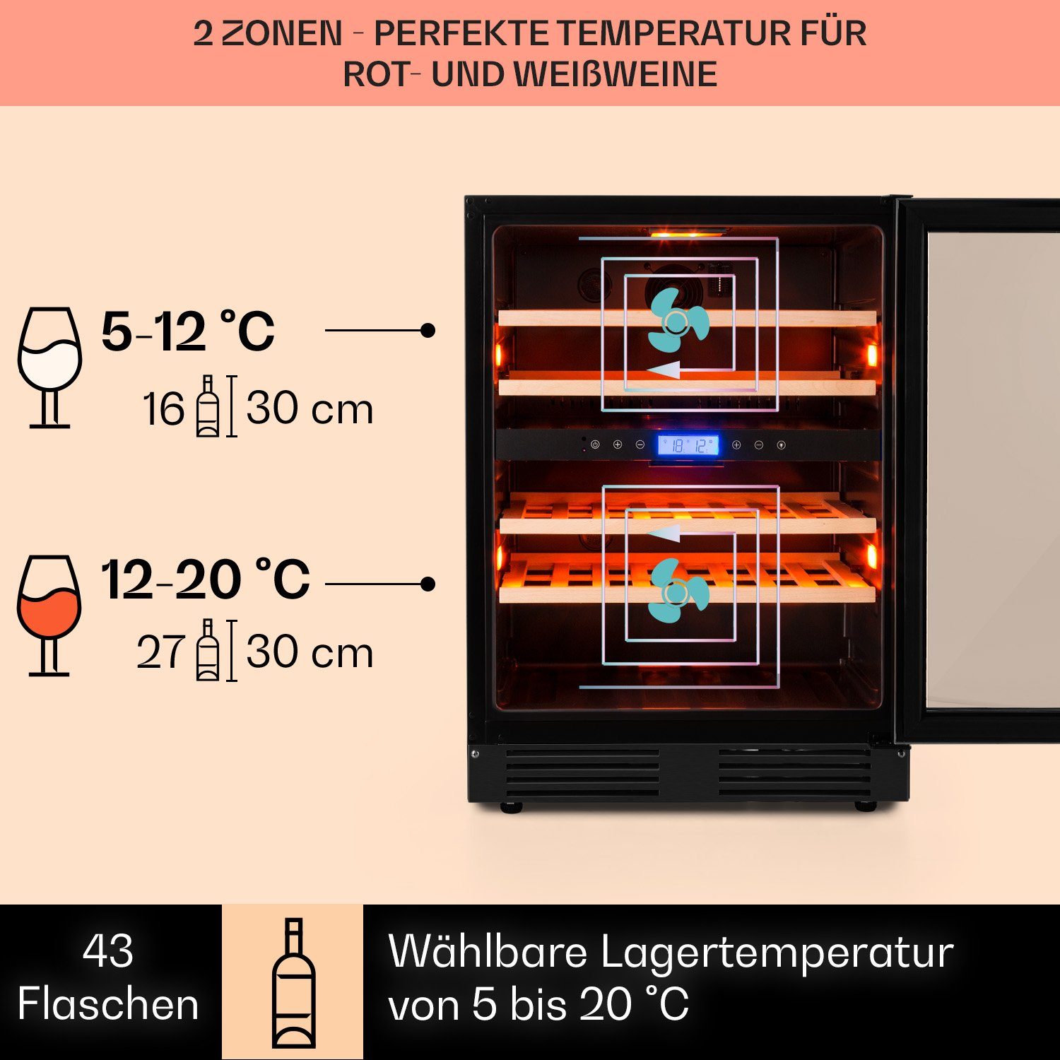 Klarstein Weinkühlschrank Vinovilla 43, für 43 Standardflaschen á 0,75l,Wein Flaschenkühlschrank Weintemperierschrank Weinschrank Kühlschrank