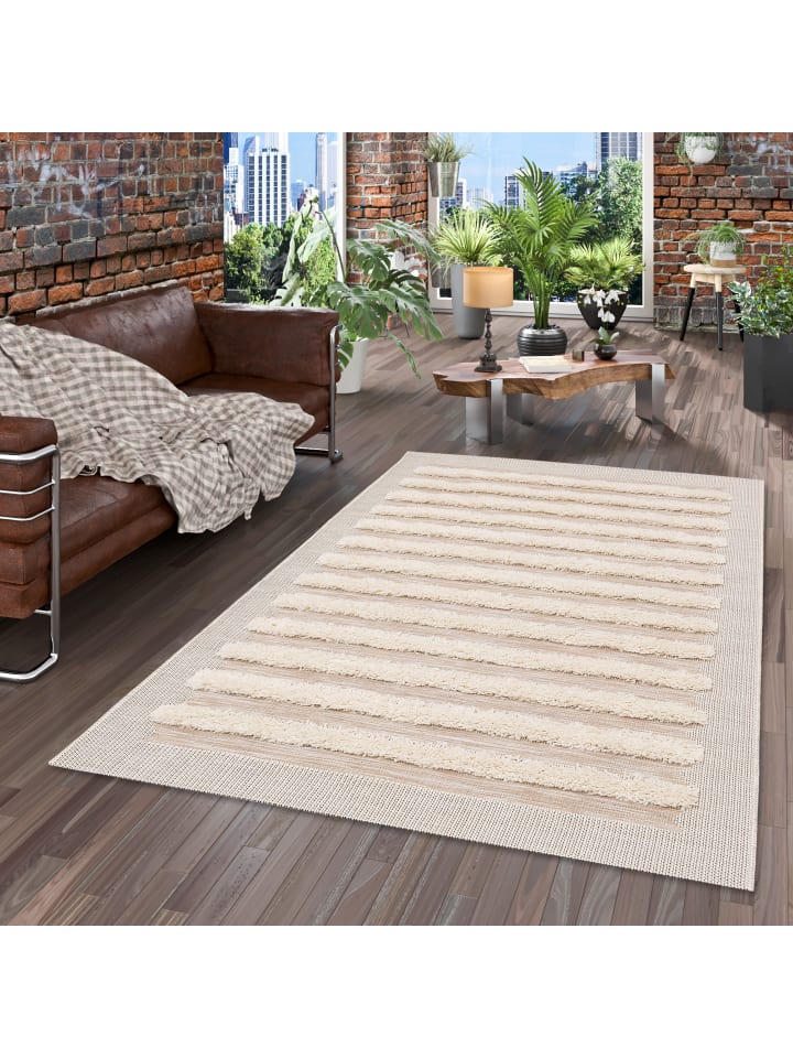Pergamon In & Outdoor Teppich Shaggy Juist Streifen in Creme günstig kaufen