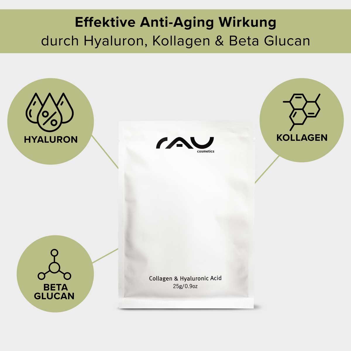 RAU Cosmetics Gesichtsmaske Kollagen & Hyaluron Vliesmaske - Feuchtigkeit für alle Hauttypen, Anti-Aging, Feuchtigkeit