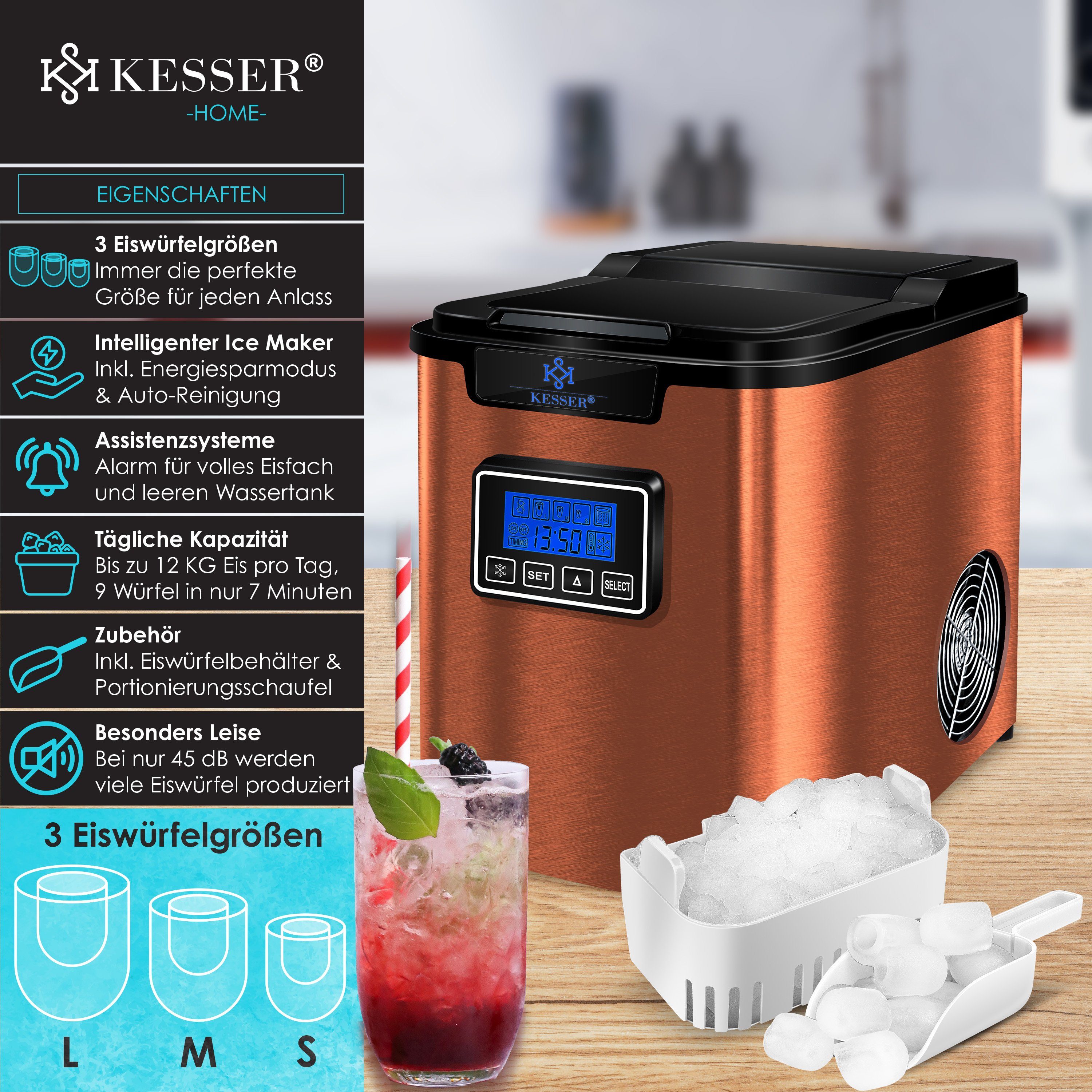 KESSER Eiswürfelmaschine, Eiswürfelbereiter Eiswürfelmaschine Edelstahl 150W Ice Maker