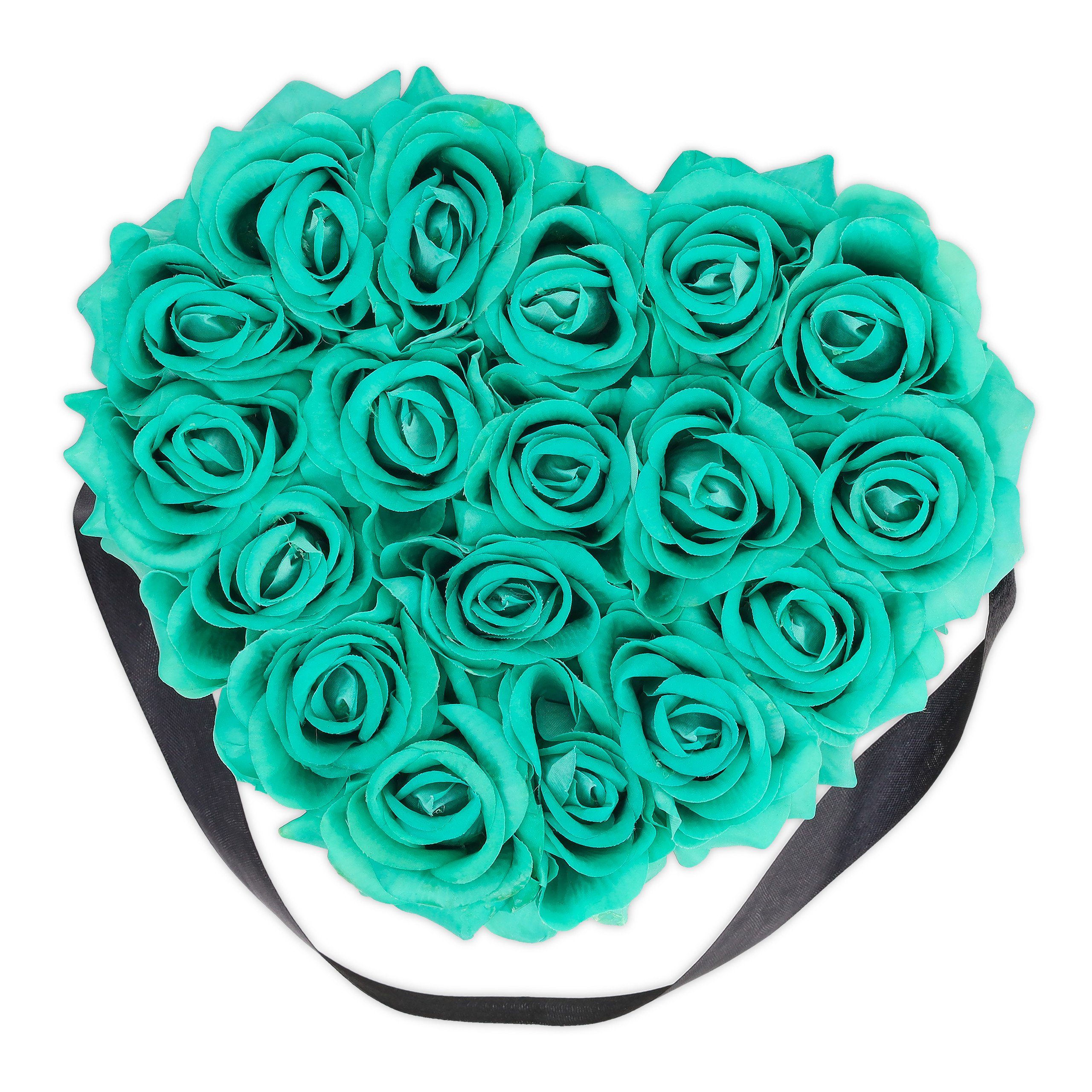 Gestecke Schwarze Rosenbox Herz 18 Rosen, relaxdays, Höhe 13 cm, Türkis
