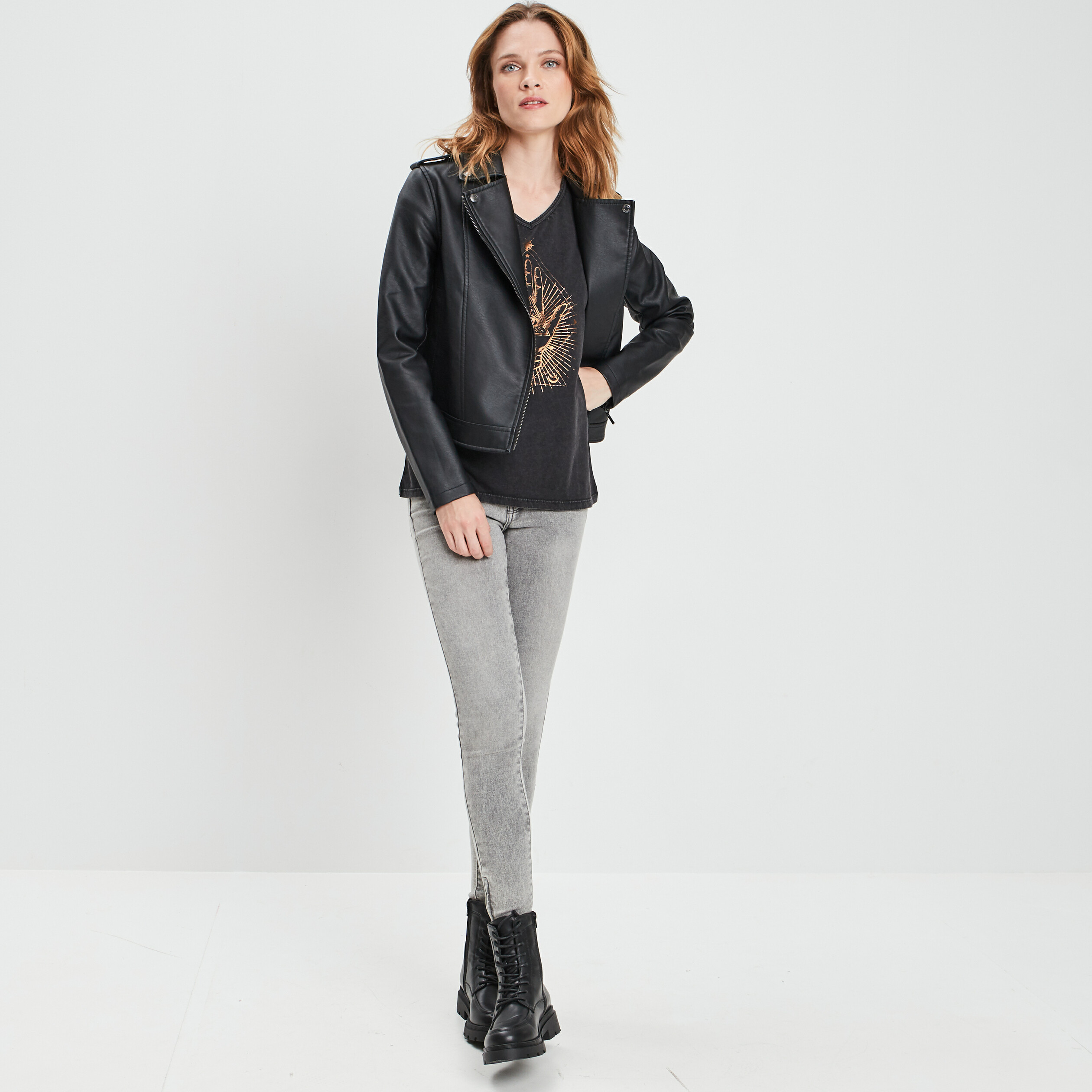 Veste esprit biker simili cuir noir femme | La Halle