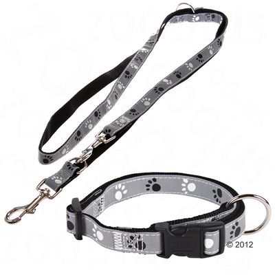 Trixie Set: Halsband Pfoten Silver Reflect + Hundeleine