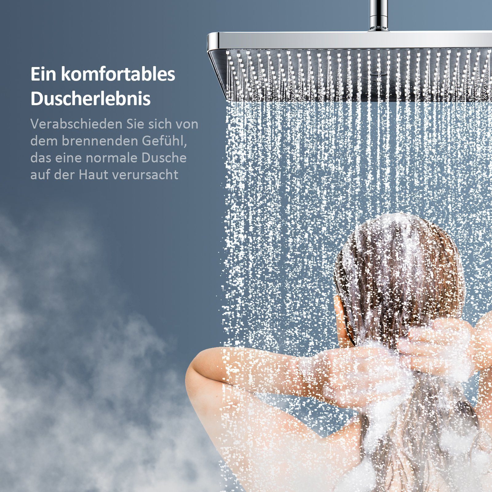 EMKE Duschsystem Duschsystem mit 38℃ Thermostat Glasablage Handbrause Regendusche, 3 Strahlart(en), Wasserauslass Verbrühungsschutz, Wandmontage, Duschamaturenset, Chrom