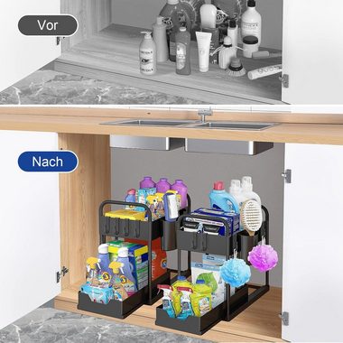 Kpaloft Ablageregal 2-stöckiger Organizer mit 4 Haken 2 Etagen & 1 Hängebeche, Spülschrankregal Waschbecken Regal, Unter der Spüle Schiebeschrank Regal Organizer für Badezimmer, Küchen