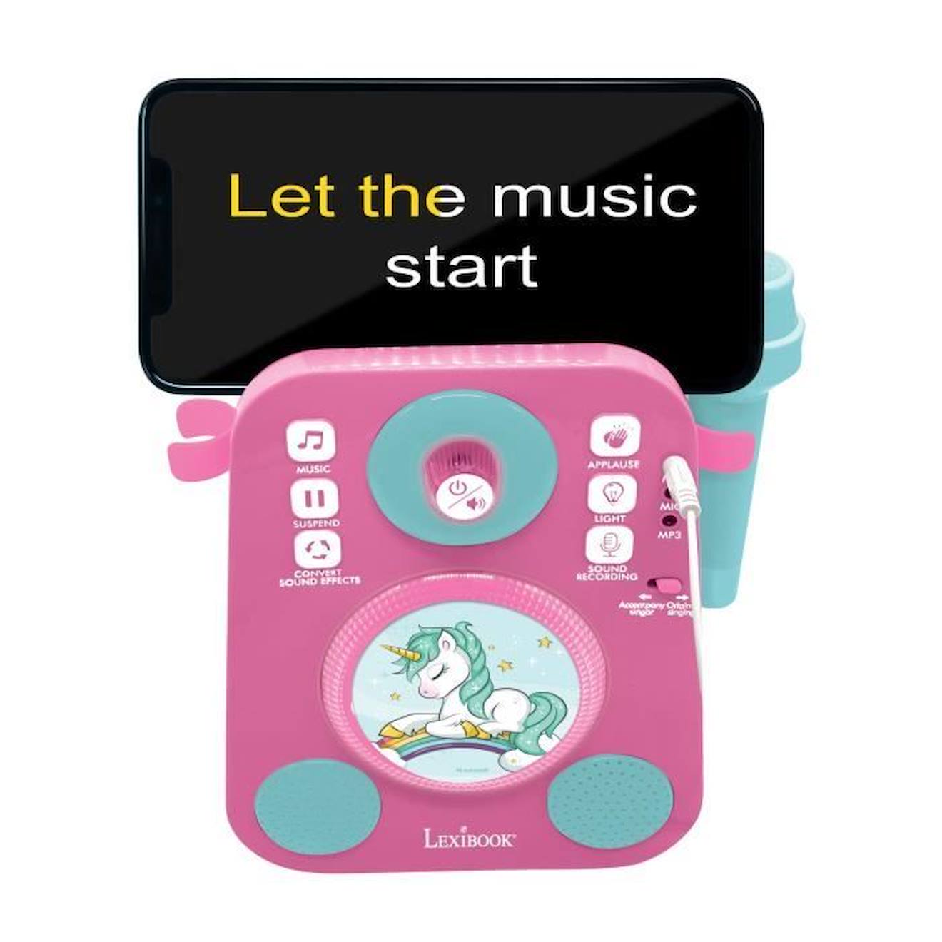 Karaoké Licorne avec deux microphones et effets lumineux et sonores rose