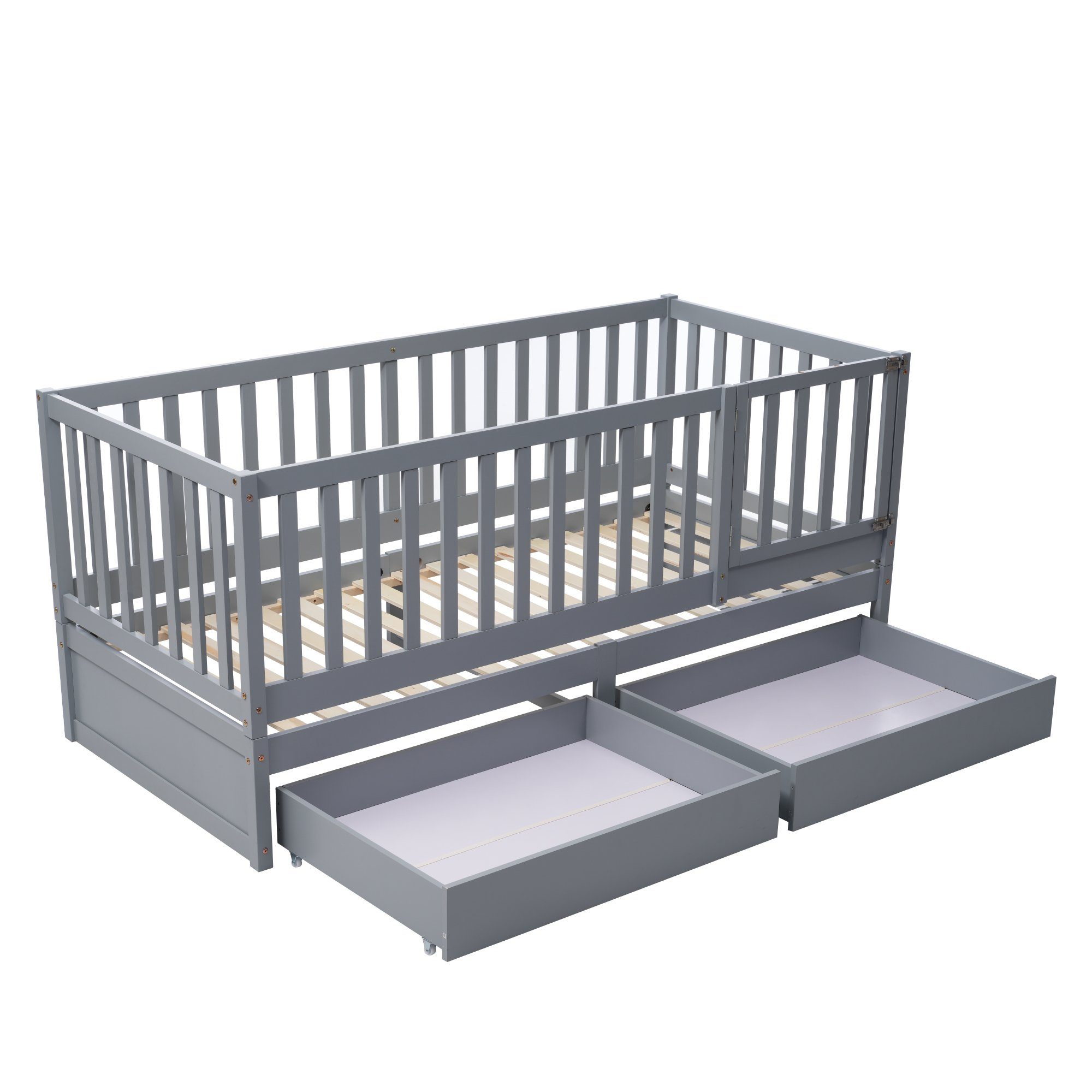 WISHDOR Babybett Baby Bett Kinderbett Jugendbett Holzbett Massivholzbett Bettgitter, 2-tlg., ohne Matratze mit Vollabtrennung Rausfallschutz 90x200 cm Massivholz