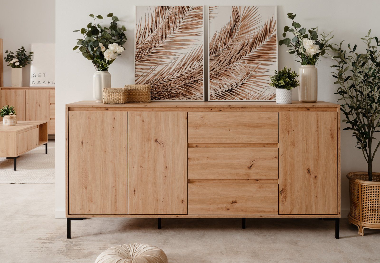 Finori Sideboard Korsika (Kommode in Eiche Artisan mit 3 Schubladen, 170 x 87 cm), Metallfüße in schwarz